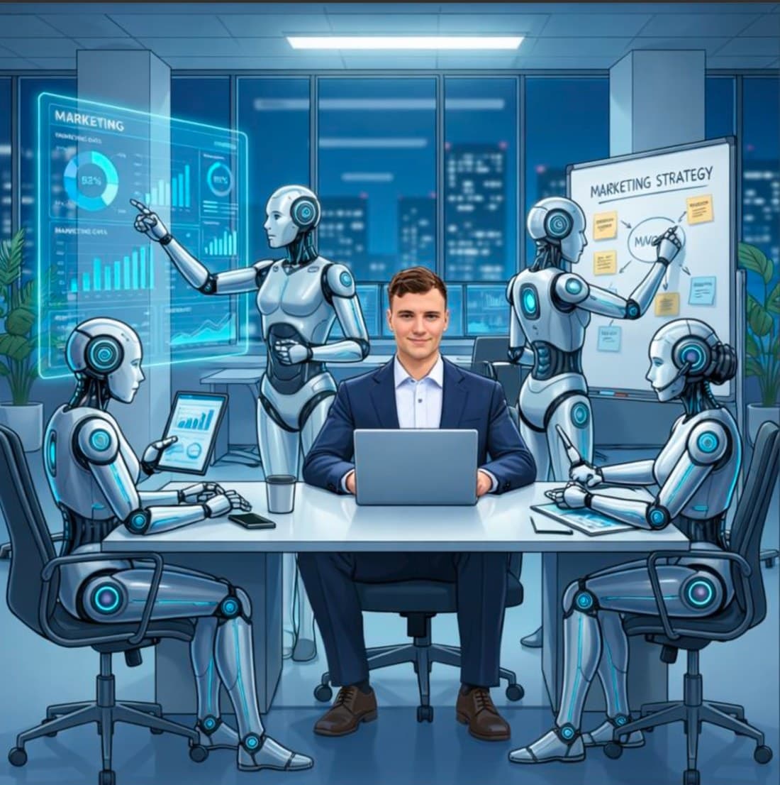 Niclas Hoffmann am Schreibtisch, umgeben von digitalen KI-Mitarbeitern, die im Büro Marketing, Analyse und Support übernehmen